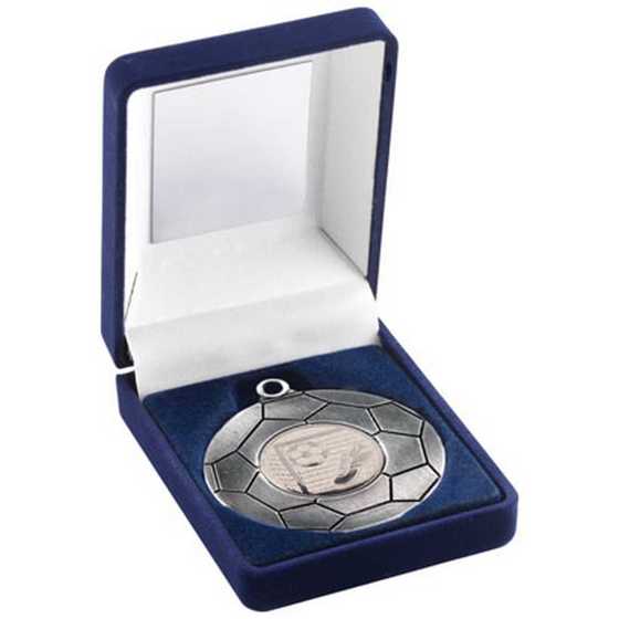 Picture of BLUE VELVET BOX AND 50mm FOOTBALL MEDAL TROPHY ANTIQUE SILVER (1in CEN) - 3.5in