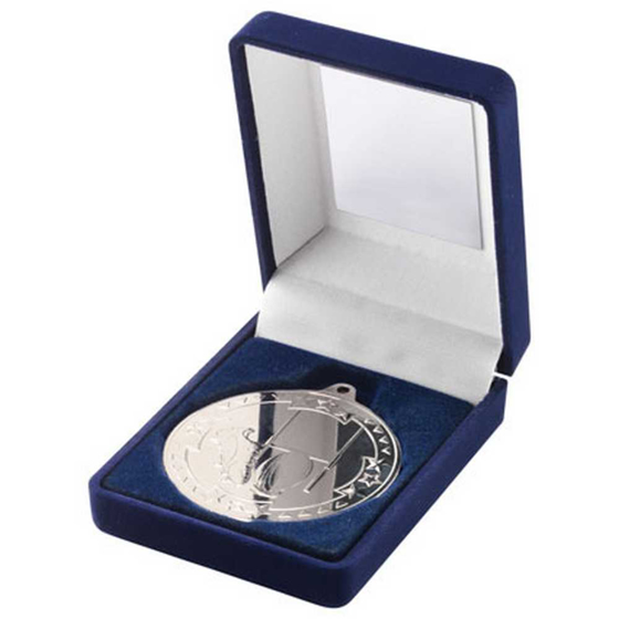 Picture of BLUE VELVET BOX AND 50mm MEDAL RUGBY TROPHY SILVER - 3.5in