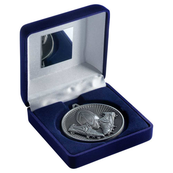 Picture of BLUE VELVET BOX AND 60mm MEDAL RUGBY TROPHY ANTIQUE SILVER - 4in