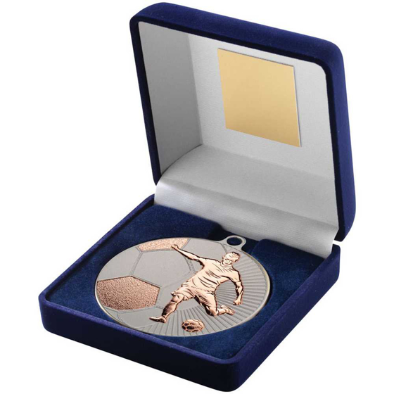 Picture of BLUE VELVET BOX AND 70mm FOOTBALL MEDAL TROPHY MATT SILVER/BRONZE - 4in