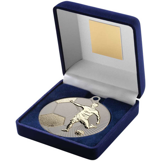 Picture of BLUE VELVET BOX AND 70mm FOOTBALL MEDAL TROPHY MATT SILVER/GOLD - 4in