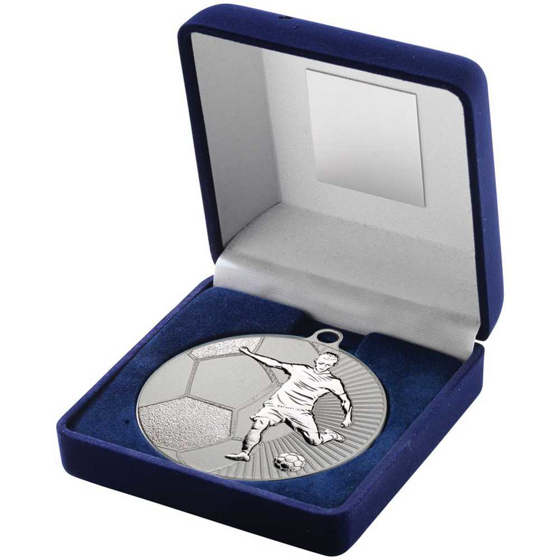 Picture of BLUE VELVET BOX AND 70mm FOOTBALL MEDAL TROPHY MATT SILVER/SILVER - 4in