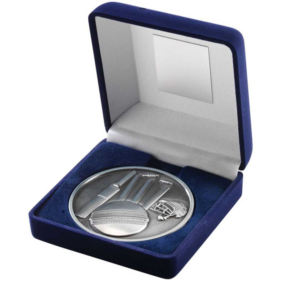 Picture of BLUE VELVET BOX AND 70mm MEDALLION CRICKET TROPHY ANTIQUE SILVER - 4in