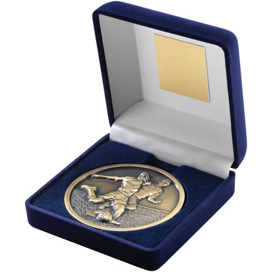 Picture of BLUE VELVET BOX AND 70mm MEDALLION FOOTBALL TROPHY ANTIQUE GOLD - 4in