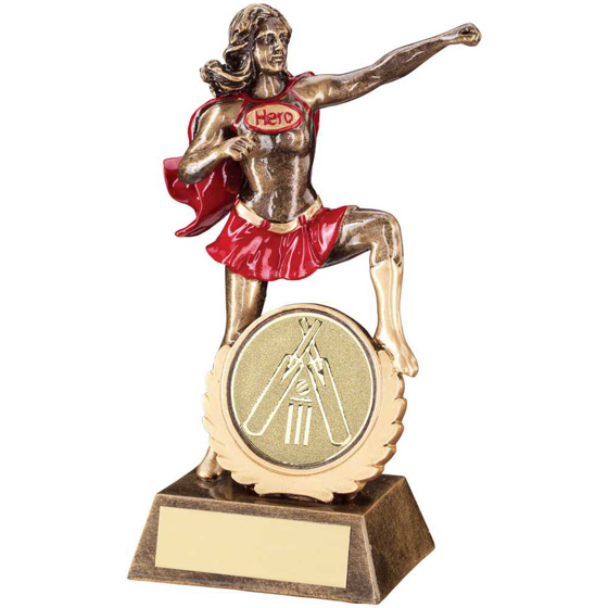 Picture of BRZ/GOLD/RED RESIN FEMALE 'HERO' AWARD WITH CRICKET INSERT - 7.5in