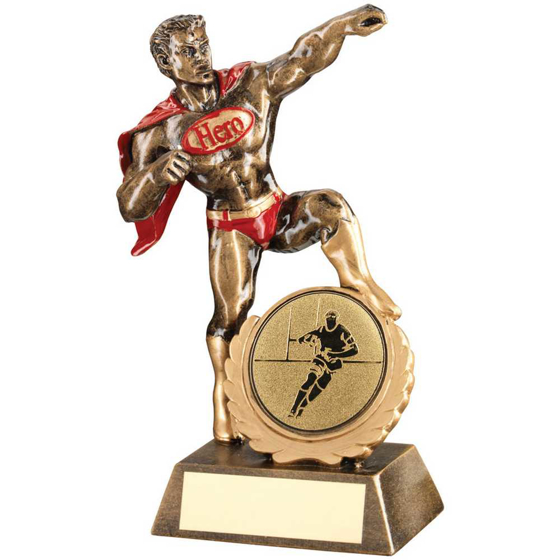 Picture of BRZ/GOLD/RED RESIN GENERIC 'HERO' AWARD WITH RUGBY INSERT AND PLATE - 7.25in