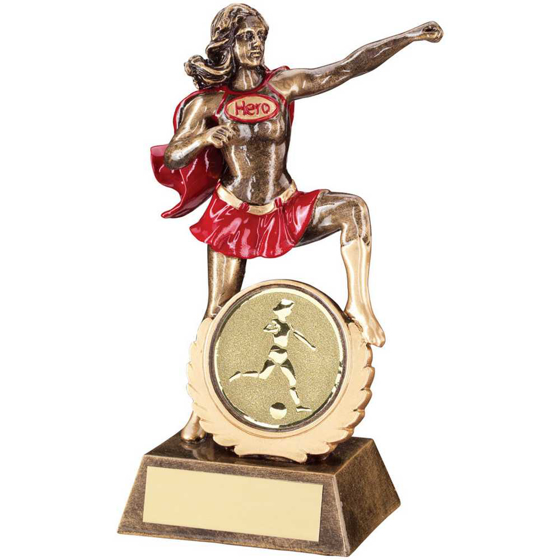 Picture of BRZ/GOLD/RED RESIN 'HERO' AWARD WITH FEMALE FOOTBALL INSERT AND PLATE - 7.5in