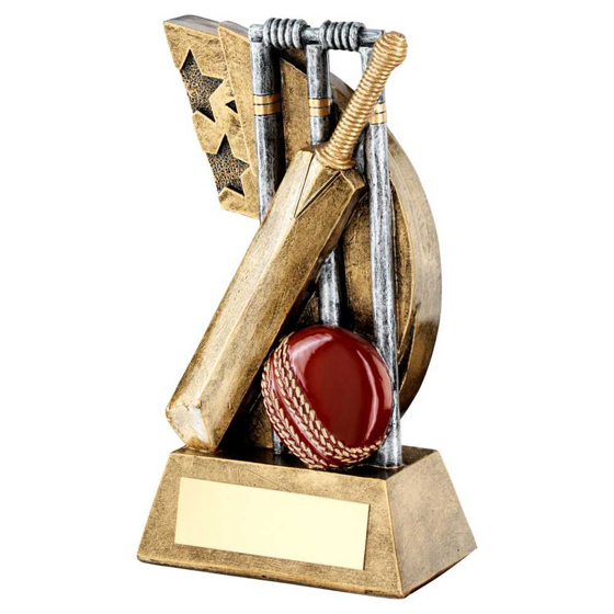 Picture of BRZ/PEW/RED CRICKET STUMPS/BAT/BALL ON STAR SWOOSH WITH PLATE - 4.25in