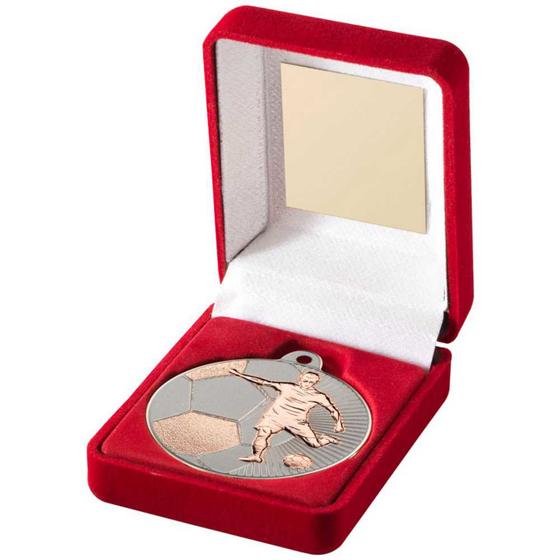 Picture of RED VELVET BOX AND 50mm FOOTBALL MEDAL TROPHY MATT SILVER/BRONZE - 3.5in