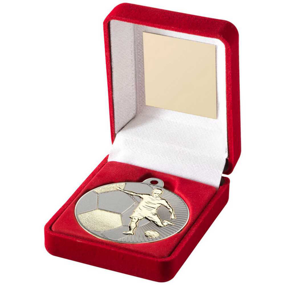 Picture of RED VELVET BOX AND 50mm FOOTBALL MEDAL TROPHY MATT SILVER/GOLD - 3.5in