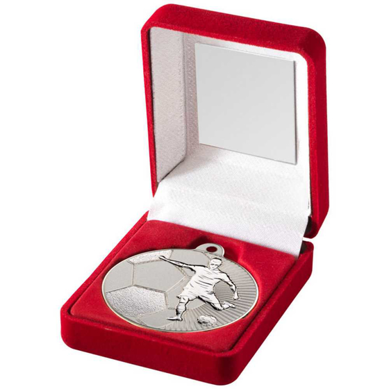 Picture of RED VELVET BOX AND 50mm FOOTBALL MEDAL TROPHY MATT SILVER/SILVER - 3.5in