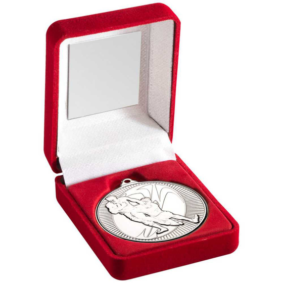 Picture of RED VELVET BOX AND 50mm MEDAL RUGBY TROPHY SILVER - 3.5in