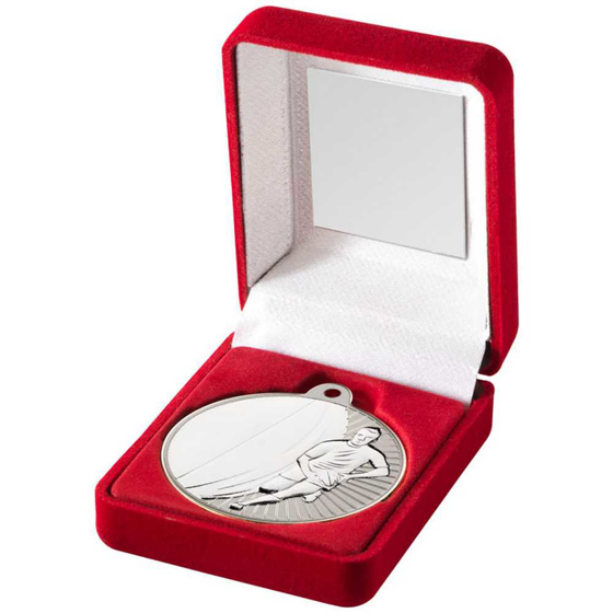 Picture of RED VELVET BOX AND 50mm RUGBY MEDAL TROPHY MATT SILVER/SILVER 3.5in