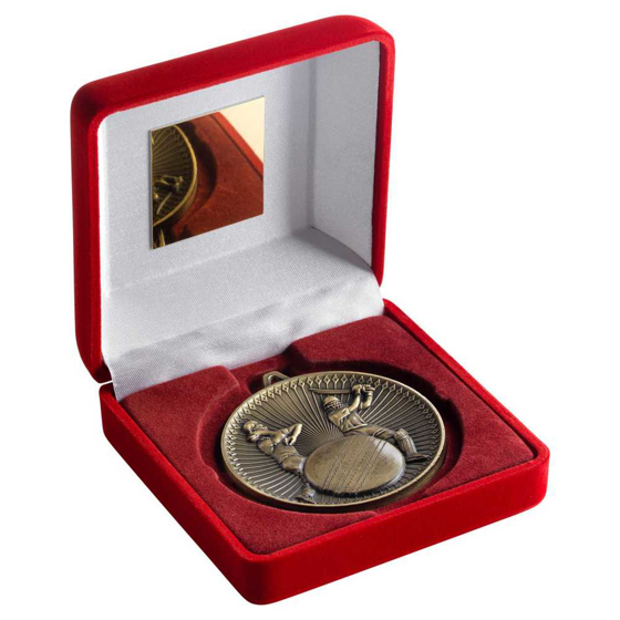 Picture of RED VELVET BOX AND 60mm MEDAL CRICKET TROPHY ANTIQUE GOLD - 4in