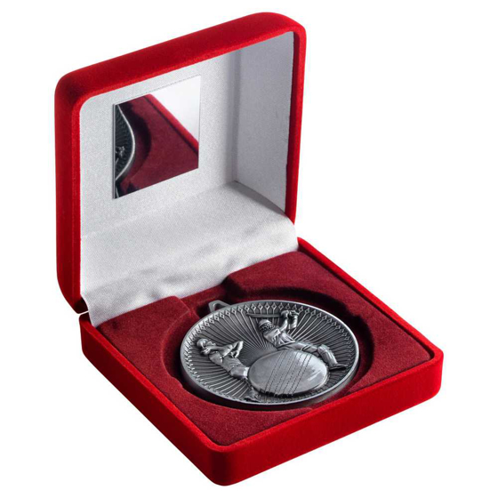 Picture of RED VELVET BOX AND 60mm MEDAL CRICKET TROPHY ANTIQUE SILVER - 4in