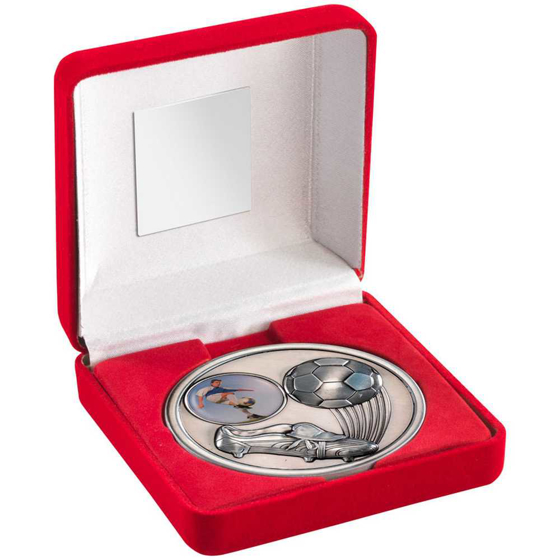 Picture of RED VELVET BOX AND 70mm MEDALLION FOOTBALL TROPHY (1" CEN) ANTIQUE SILV - 4in