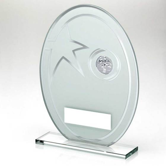 Picture of WHITE/SILVER PRINTED GLASS OVAL WITH FOOTBALL INSERT AND PLATE - 8in