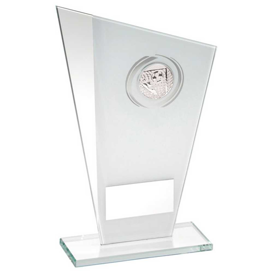 Picture of WHITE/SILVER PRINTED GLASS PLAQUE WITH FOOTBALL INSERT AND PLATE - 8in